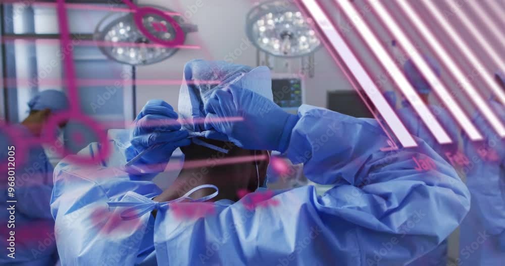 Poster animation of data processing and diagrams over diverse surgeons wearing face masks