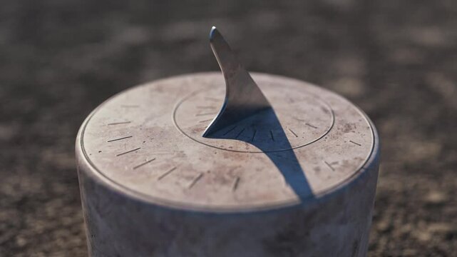 Sundial full day timelapse animation from morning to night, 3d render, dramatic camera dolly zoom