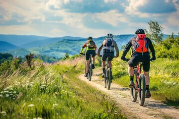 A group of cyclists riding along a scenic trail through diverse landscapes, enjoying the outdoors and adventure, shared hobby for a group of people, deep connections