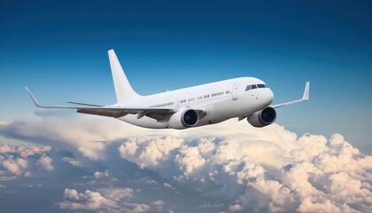 Obraz premium White Passenger Airplane Flying in the Sky with Amazing Clouds – Air Travel