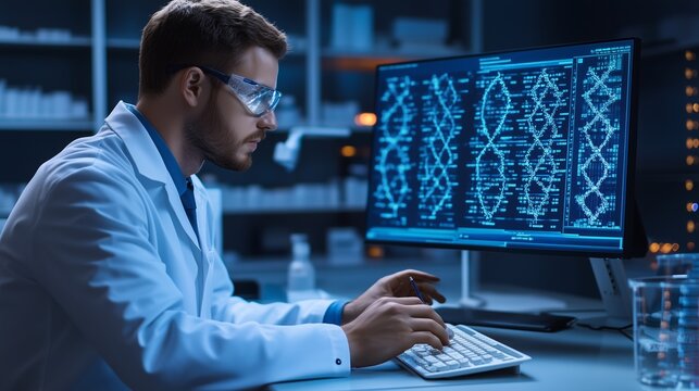 Scientist analyzing genetic data in a laboratory during evening hours in a high-tech research facility