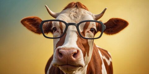 Cow Wearing Glasses on Yellow Background.