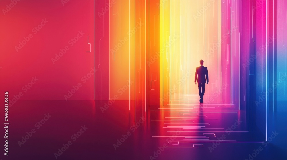 Poster pathway of progress: a figure walks along a glowing path with abstract steps shaped like keys, each 
