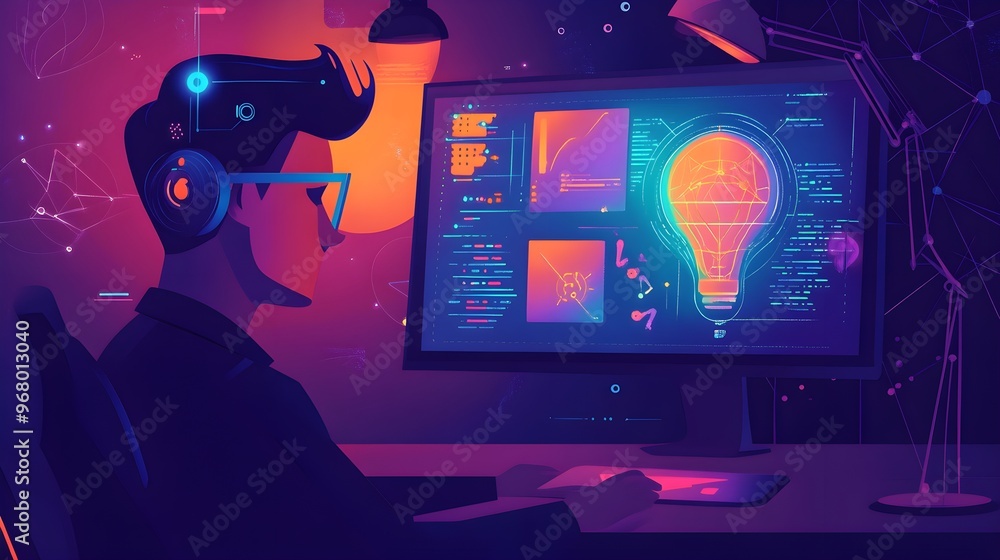 Poster programmer working on a new project with a light bulb idea on the screen