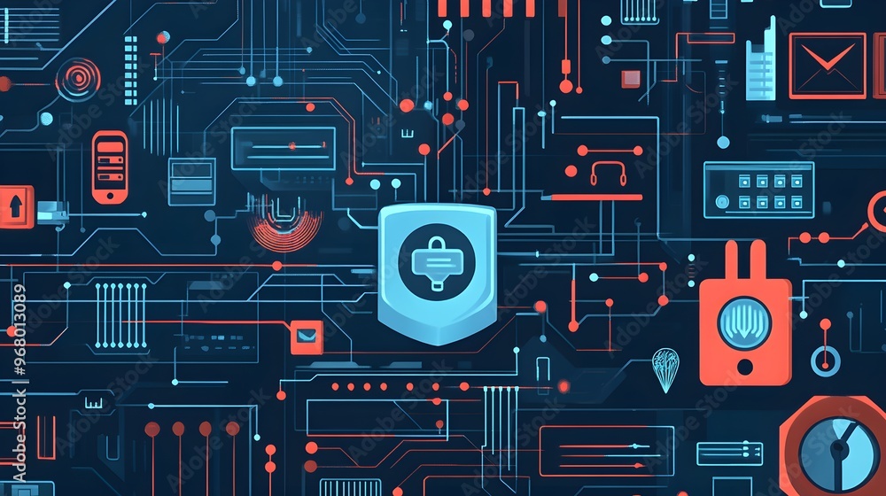 Poster abstract futuristic technology background with circuitry and shield icon