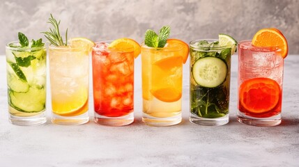 Fototapeta premium banner featuring a variety of detox cocktails in fancy glassware, highlighting the wellness trend of detox drinks and promoting a healthy routine
