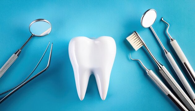 Dental Tools and White Healthy Tooth on a Dental Background