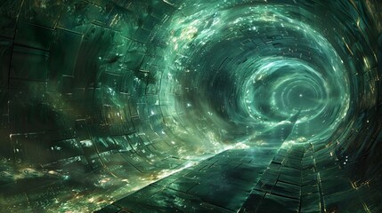 A green tunnel with a light shining down on it