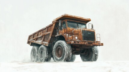 Rusty Dump Truck Driving Through Snow