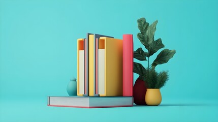 Stack of Books with Plants and Decorative Objects on Blue Background