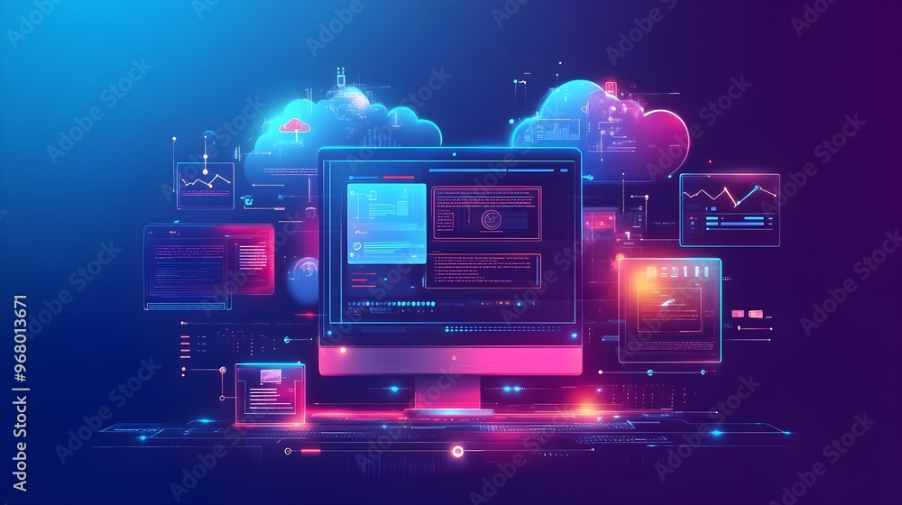 Poster futuristic neon computer with cloud computing and data visualization