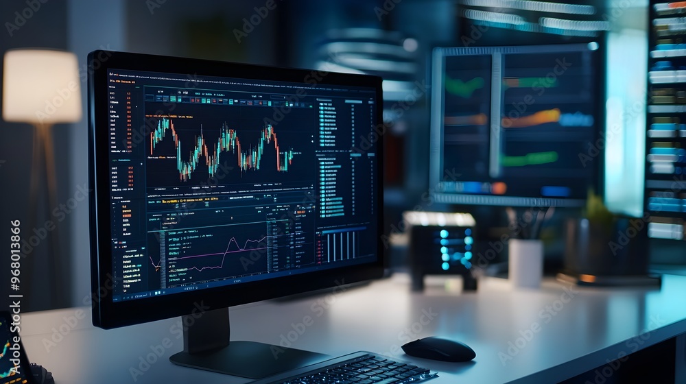Poster stock market data analysis on computer monitor in office
