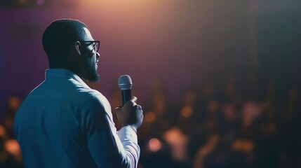 african male motivational speaker holding microphone on stage blurred audience background