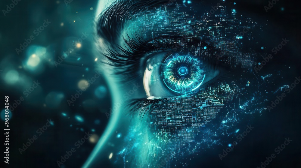 Poster ai vision concept human eye merging with circuit board data streams glowing iris deep blues and cyan