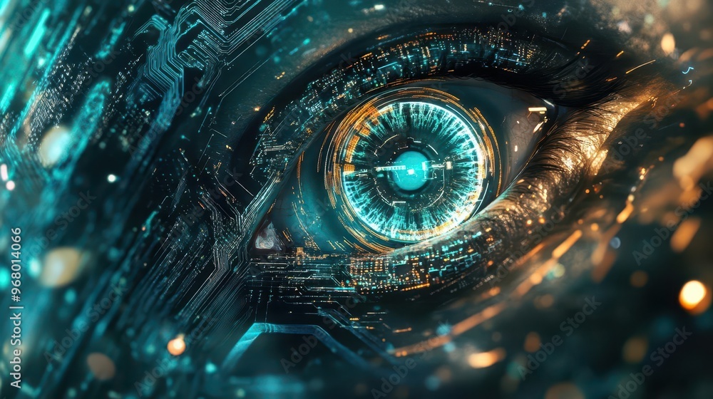 Poster ai vision concept human eye merging with circuit board data streams glowing iris deep blues and cyan