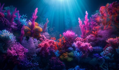 Explore the vibrant coral reef bustling with colorful marine life beneath the ocean