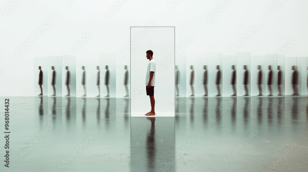 Poster reflection of self: a person standing in front of a mirror, with multiple versions of themselves ref