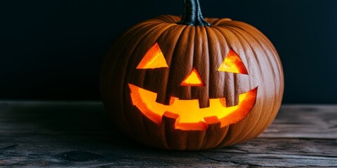 Fototapeta premium A glowing carved pumpkin features a smiling face, illuminating a cozy and festive atmosphere for Halloween night festivities