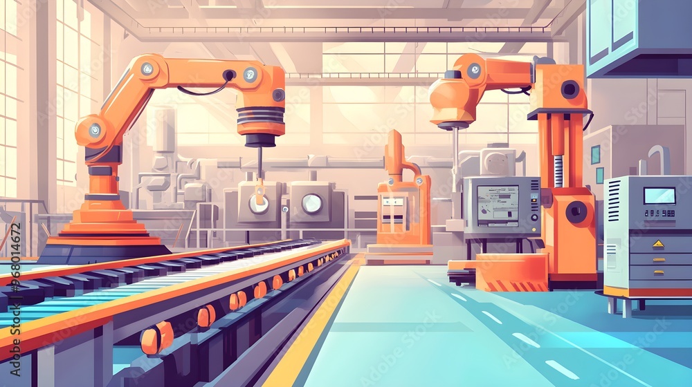 Poster automated factory production line with robotic arms