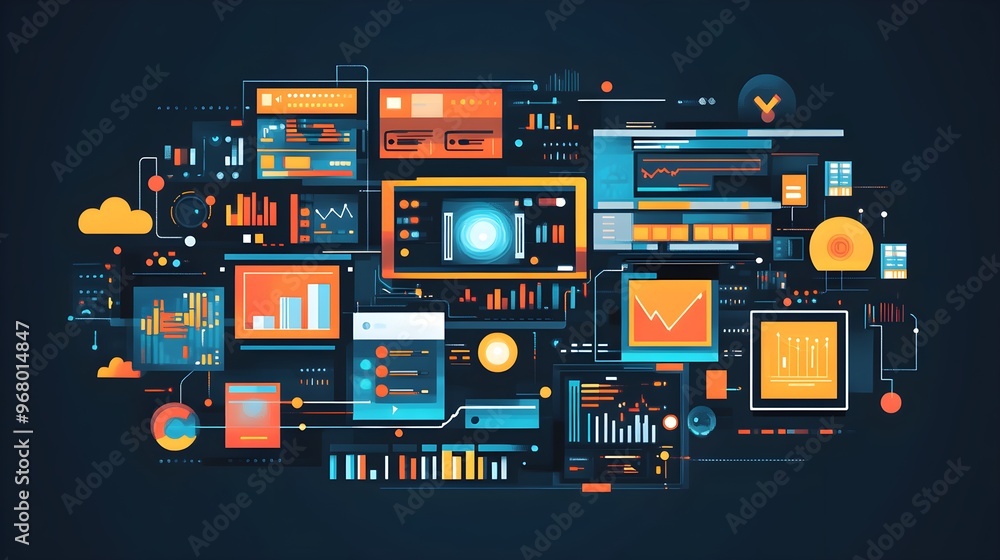 Poster abstract digital interface with charts and graphs