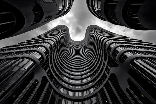 Minimalistic, black and white architectural drawing of a modern skyscraper, contemporary, precision, architectural design, visual geometry :: clean lines, abstract composition, visual elegance