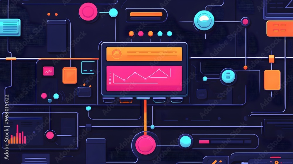 Poster abstract technology interface with data analysis and connected systems