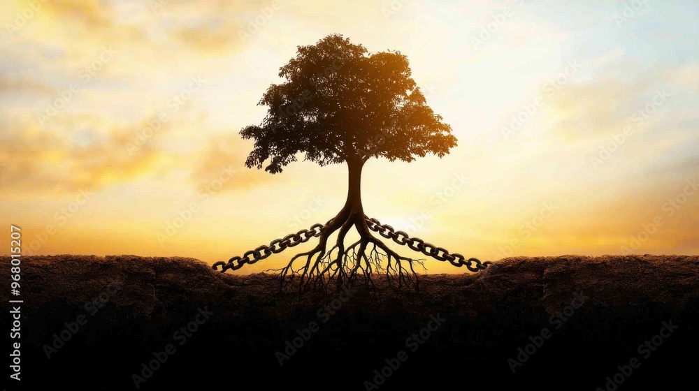 Poster roots bound in chains: a tree with roots that are tied in heavy chains, unable to grow or reach deep