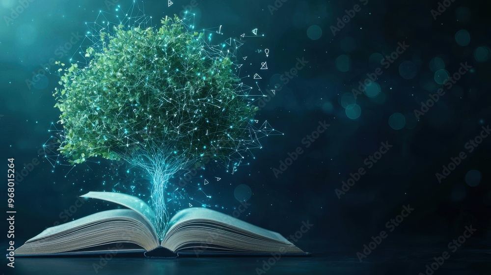 Poster rooted in curiosity: a tree growing out of an open book, with its branches filled with glowing abstr