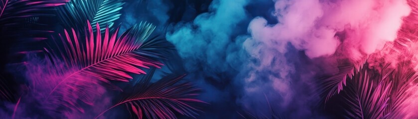 Naklejka premium Palm Leaves Bathed in Neon Pink and Blue Smoke