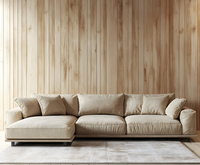 Minimalist Living Room:  A cozy sectional sofa with plush cushions and a soft rug, positioned against a warm wooden wall,  creates a tranquil and inviting atmosphere.