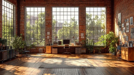 Spacious loft office with large windows and a desk.