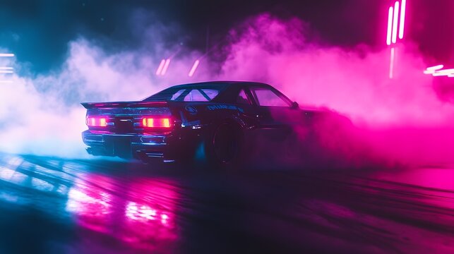 10092332 15 A night-time drift event on a neon-lit circuit, with a JDM car leaving thick trails of tire smoke as it drifts