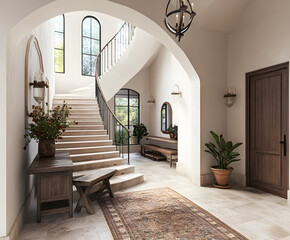 Elegant Entryway: A grand staircase with a rustic bench and potted plants creates a welcoming and stylish entrance to a luxurious home.