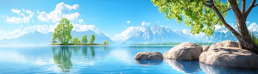 Obraz premium Peaceful, serene lake surrounded by mountains, realistic, tranquil beauty