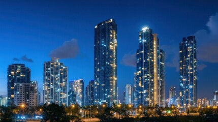 Obraz premium Nighttime Skyline with Illuminated Skyscrapers