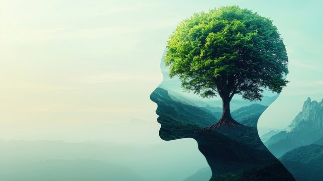 Roots of Self: A tree growing out of a human head, with roots deeply connected to past experiences and branches reaching out to new opportunities for growth