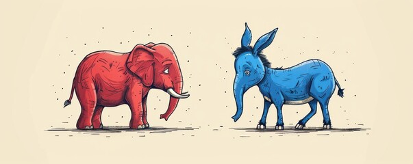 Naklejka premium Cartoon-style illustration of a red elephant and blue donkey facing each other, symbolizing political rivalry.