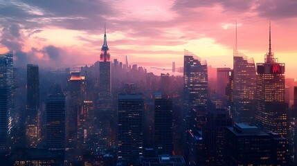 Obraz premium Cityscape at Sunset with Skyscrapers and Pink Clouds