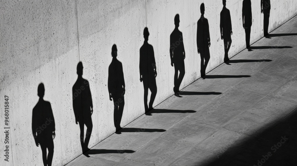 Poster shadows of habits: a person casting multiple shadows as they walk, but each shadow lags behind and e