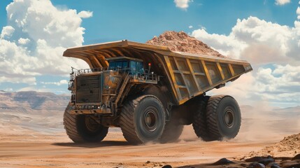 Obraz premium Large Mining Dump Truck Hauling Ore in Desert Landscape