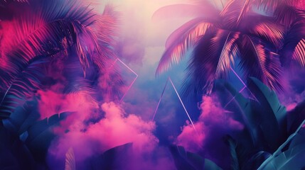 Fototapeta premium Tropical Palm Leaves and Clouds in Neon Lights