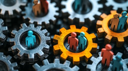 Conceptual art piece showcasing gears filled with figures illustrating human capital in business