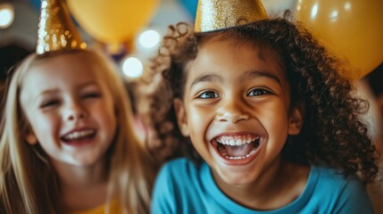 Obraz premium Cheerful laughing diverse children little kids on birthday party with colorful balloons
