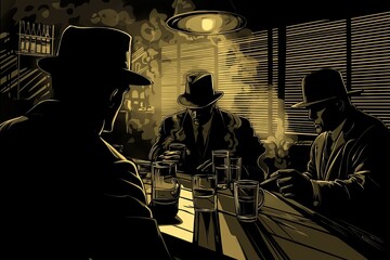Comic Book Graphic Art Novel Illustration Design. Gangsters Office Meeting. Noir Style Black Yellow White Monochrome