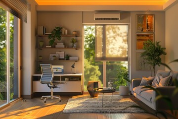 Fototapeta premium Eco-Friendly Modern Home Office with Energy Efficient Lighting and Natural Light for Productivity