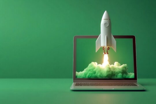A digital rocket launches from an open laptop screen against a vibrant green background - Powered by Adobe