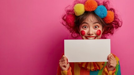 Fototapeta premium Happy asian young woman in clown costume, showing a blank banner on hands, isolated on pink background with copy space.