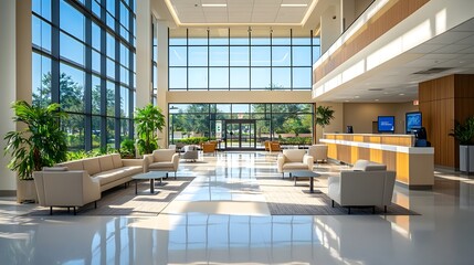 Welcoming Modern Hospital Lobby with Advanced Healthcare Technology and Comfortable Seating