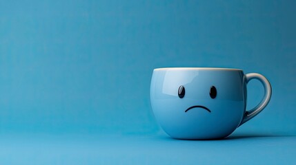 A cup of tea with a sad face, on a plain blue background, Blue Monday concept.