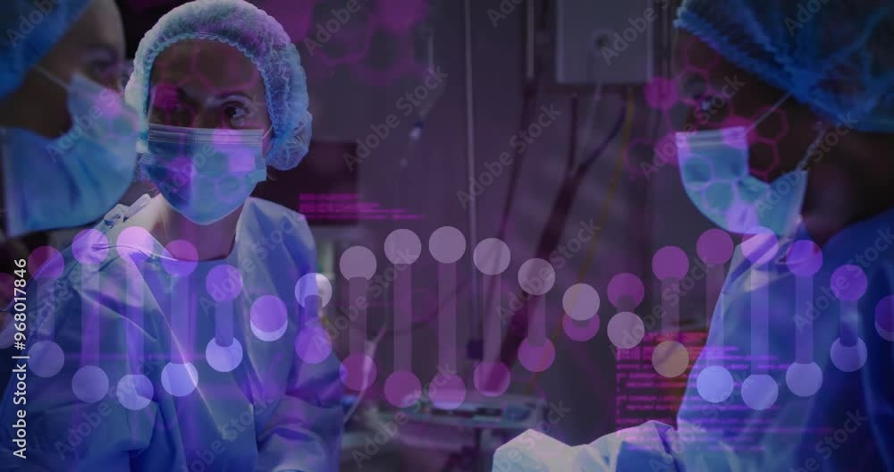 Poster animation of data processing and dna strand over diverse surgeons in operating room